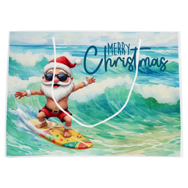 Sacola Para Presentes Grande Surfing Santa is on big wave in Hawaii  (Frente)