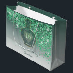 Sacola Para Presentes Grande Sweet 16 Emerald Fragrance Green Glitter<br><div class="desc">Step into a world of sparkling sophistication with the Emerald Fragrance collection. Designed specifically for a milestone Sweet 16, this large gift bag captures the essence of a high-end Parisian perfumery. The design features a stunning green perfume bottle centerpiece, accented by a shimmering, gold-rimmed “16” nestled within a soft heart....</div>