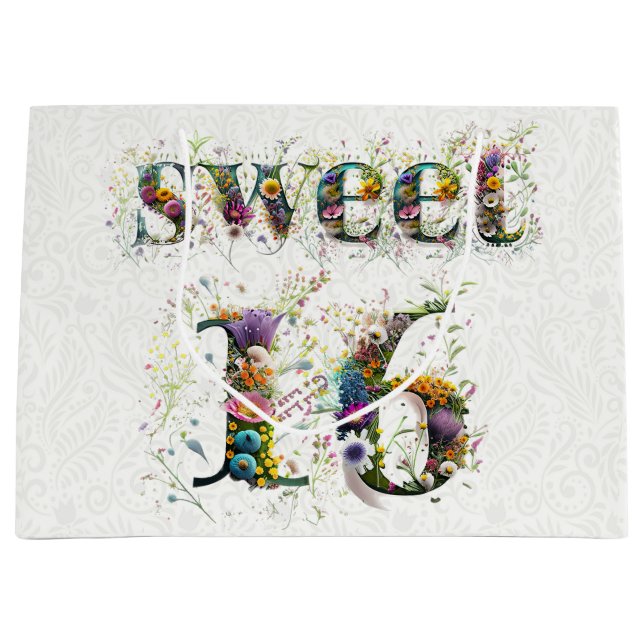 Sacola Para Presentes Grande Sweet 16 Happy Birthday Wildflower Text (Frente)