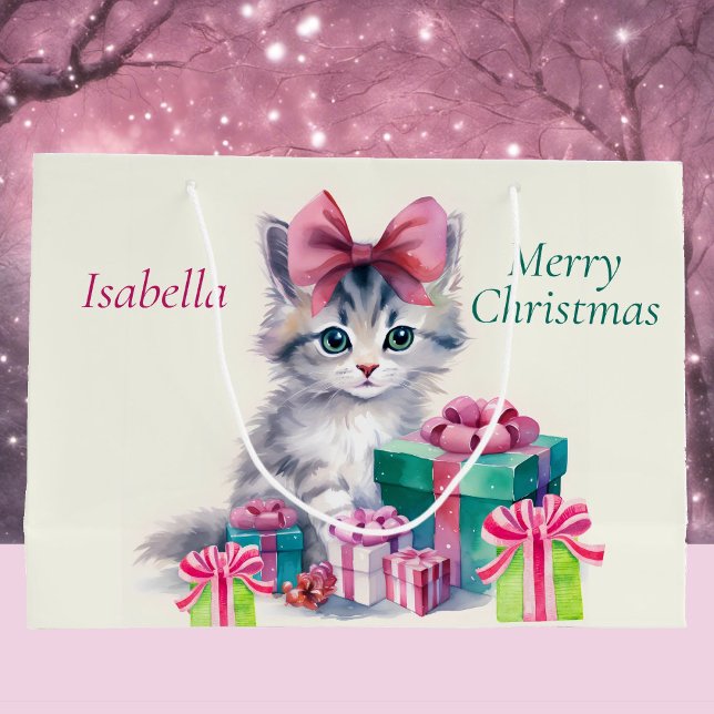 Sacola Para Presentes Grande Sweet Christmas Kitten Big Pink Bow Add Name (Criador carregado)