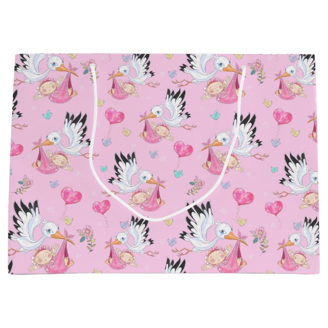 Sacola Para Presentes Grande Sweet New Baby Girl and Stork  (Frente)