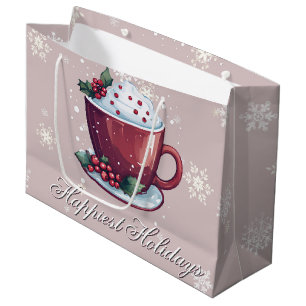 Sacola Para Presentes Grande Taça de Chocolate Quente de Natal Rosa Corado