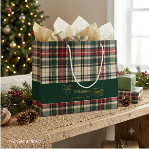 Sacola Para Presentes Grande Tartan Plaid Vermelho Verde Rústico de Natal Famíl