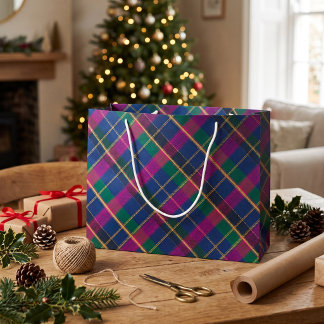 Sacola Para Presentes Grande Tartan Winter Heritage | Diamante Cobalto e Magent