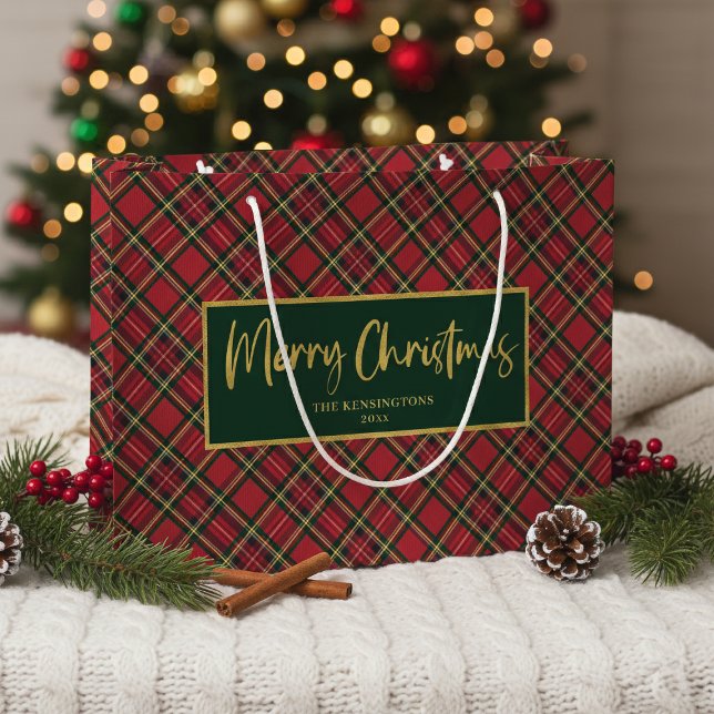 Sacola Para Presentes Grande Tartan Xadrez Dourado Script Feliz Natal (Tartan Plaid Gold Script Merry Christmas Large Gift Bag)
