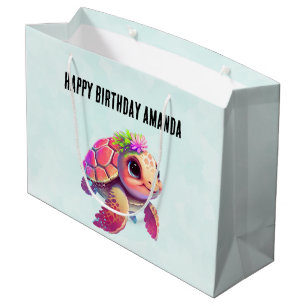 Sacola Para Presentes Grande Tartaruga-do-mar rosa (Whimsical & Cute Birday)