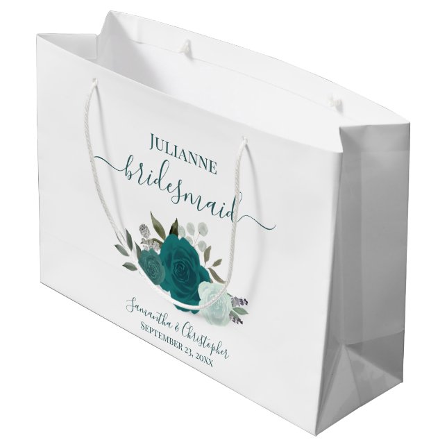 Sacola Para Presentes Grande Teal & Aqua Boho Chic Roses Wedding Bridesmaid (Verso inclinado)