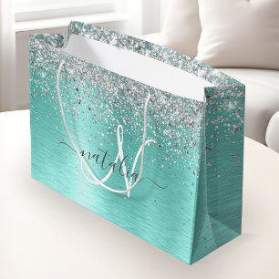 Sacola Para Presentes Grande Teal Brugado Metal Silver Glitter Nome Monograma