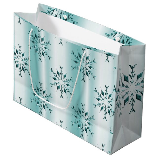Sacola Para Presentes Grande Teal Christmas Snowflakes (Frente inclinada)