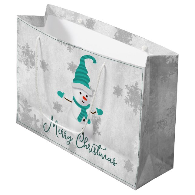 Sacola Para Presentes Grande Teal Cute Snowman Holiday Gift Bag (Frente inclinada)