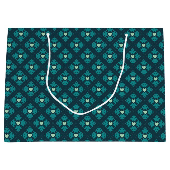 Sacola Para Presentes Grande Teal Deco Hearts Padrados (Frente)