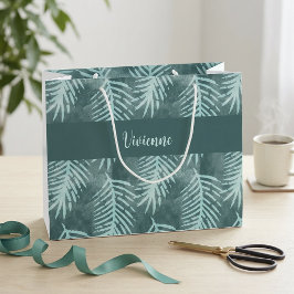 Sacola Para Presentes Grande Teal Green Watercolor Tropical Leaf Monogram Name