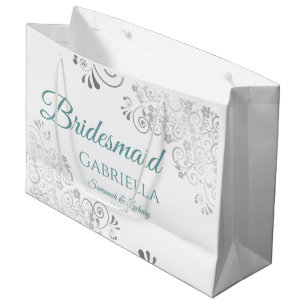 Sacola Para Presentes Grande Teal Silver Lace no Casamento White Bridesmaid