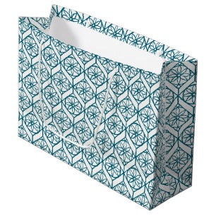 Sacola Para Presentes Grande Teal sobre Padrão Étnico Branco, Flores, Chevrons