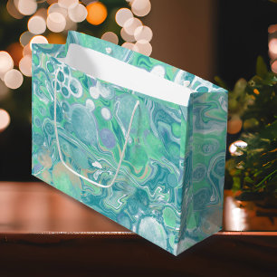 Sacola Para Presentes Grande Teal Verde Azul Marble Fluid Art