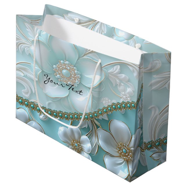 Sacola Para Presentes Grande Teal White Floral Gift Bag (Frente inclinada)