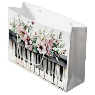 Sacola Para Presentes Grande Teclas de Piano & Flores Rosa