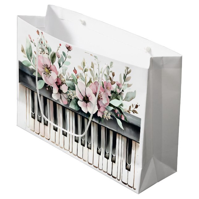 Sacola Para Presentes Grande Teclas de Piano & Flores Rosa (Frente inclinada)