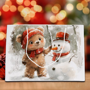Sacola Para Presentes Grande Teddy Bear e Snowman