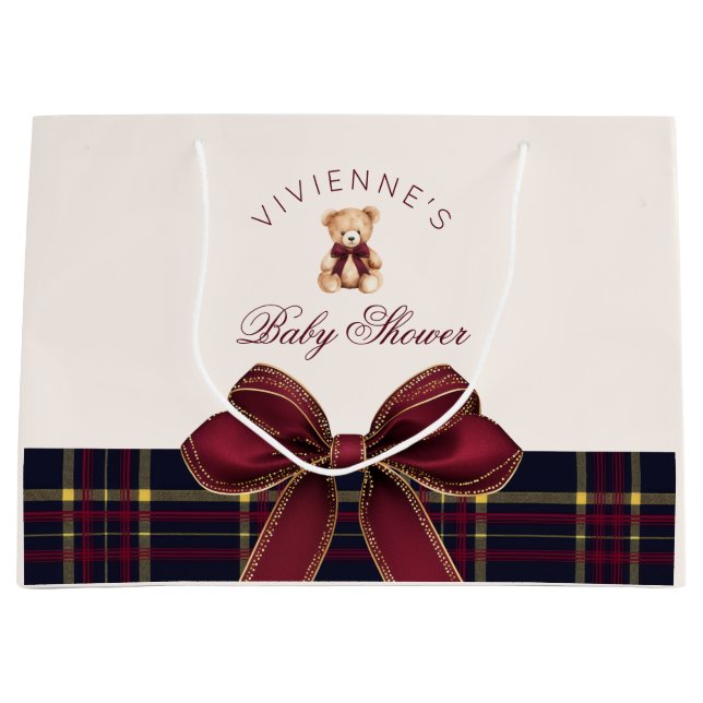 Sacola Para Presentes Grande Teddy Bear Red Gold Bow Plaid Baby Shower (Frente)