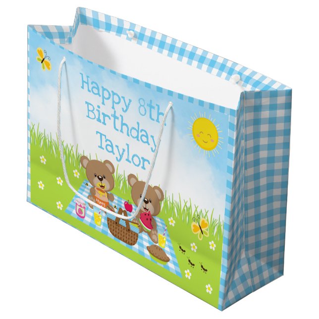 Sacola Para Presentes Grande Teddy Bears Picnic Blue Gingham Parabéns (Frente inclinada)