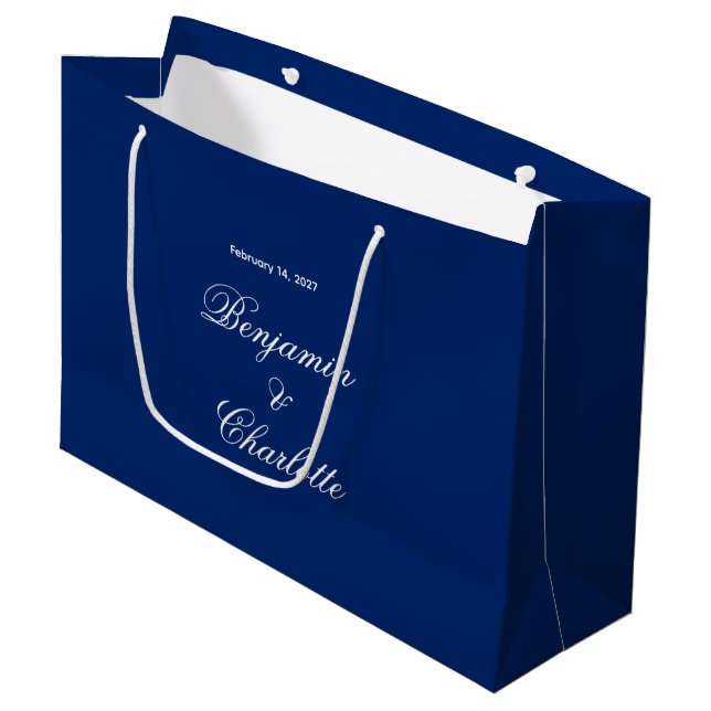 Sacola Para Presentes Grande Tema de Casamento Azul Marinho com Data e Nome Per (Frente inclinada)