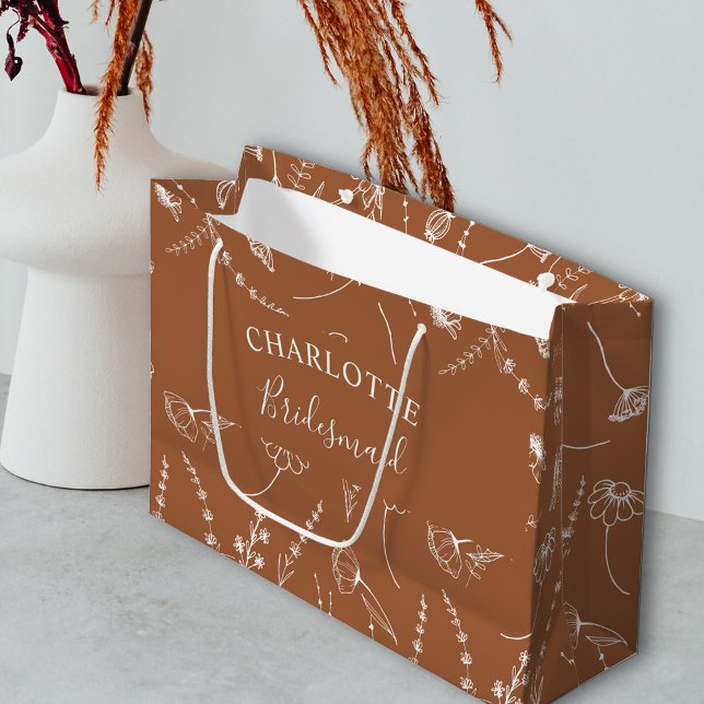 Sacola Para Presentes Grande Terracotta Wildflower Bridal Party Obrigado (Bridesmaid Gift Bag in Terracotta Burnt Orange, from my Wildflower Sketch collection)