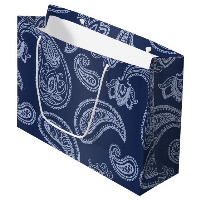 Sacola Para Presentes Grande Teste padrão azul escuro elegante de paisley (Frente inclinada)