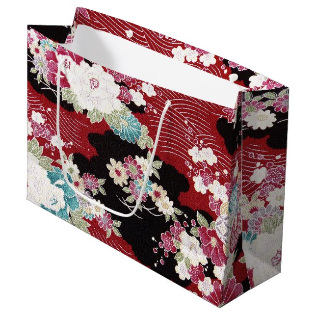 Sacola Para Presentes Grande Têxtil KIMONO Japonês, Padrão Floral (Frente inclinada)