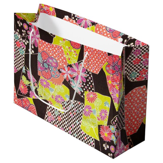 Sacola Para Presentes Grande Têxtil KIMONO Japonês, Padrão Floral (Frente inclinada)