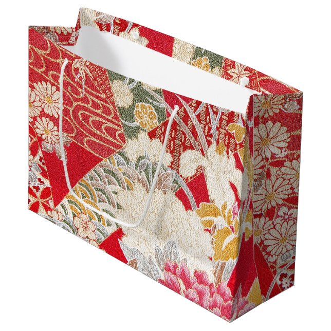 Sacola Para Presentes Grande Têxtil KIMONO Japonês, Padrão Floral (Frente inclinada)