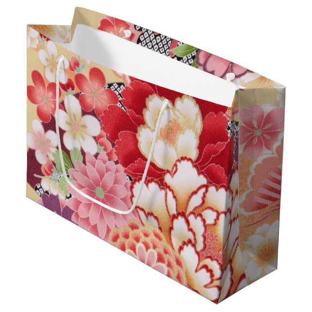 Sacola Para Presentes Grande Têxtil KIMONO Japonês, Padrão Floretal (Frente inclinada)
