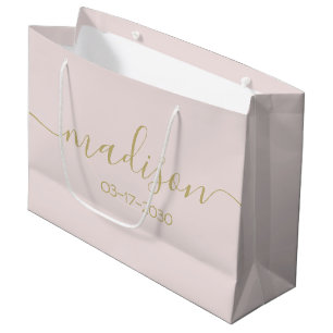 Sacola Para Presentes Grande Texto de Nome Personalizado Elegante Dourado Rosa