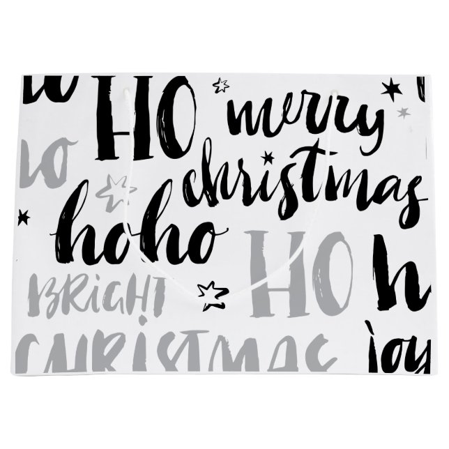 Sacola Para Presentes Grande Texto de Palavra de Natal Preto e Prateado Engraça (Frente)