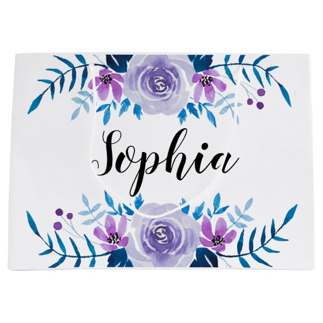 Sacola Para Presentes Grande Texto floral roxo azul do costume da grinalda da (Frente)