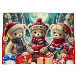 Sacola Para Presentes Grande Three Cute Teddy Bears Merry Christmas