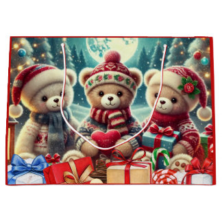Sacola Para Presentes Grande Three Cute Teddy Bears Merry Christmas
