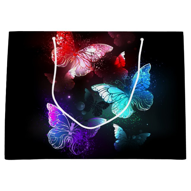Sacola Para Presentes Grande Three Glowing Butterflies on night background (Frente)