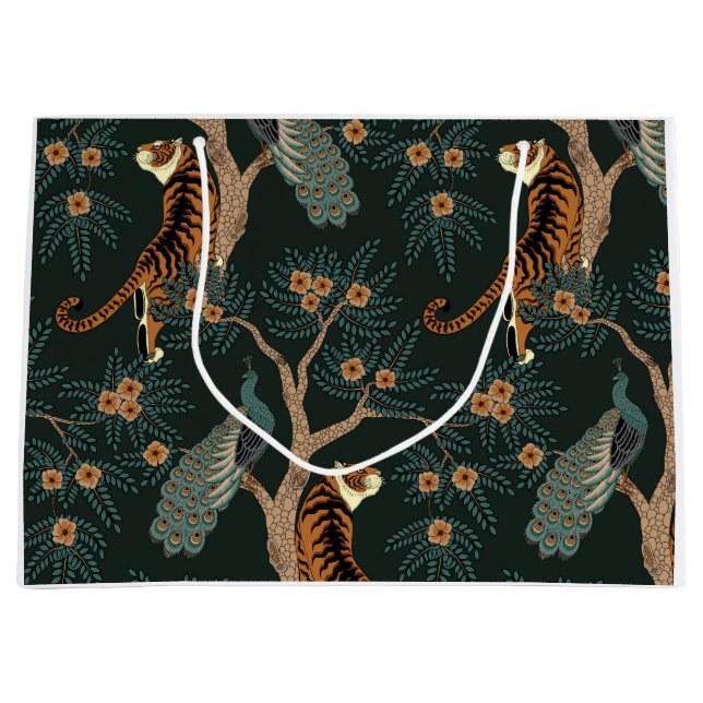 Sacola Para Presentes Grande Tigre de safra e pavão (Frente)