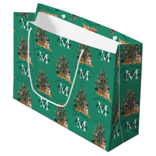 Sacola Para Presentes Grande Tigre e verde de árvore de Natal personalizado
