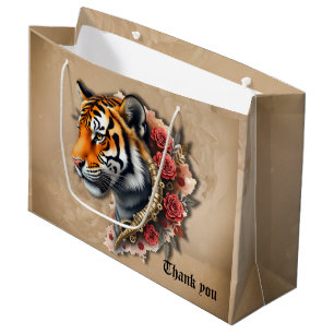 Sacola Para Presentes Grande Tigre Steampunk com Ilustração de Rosas.