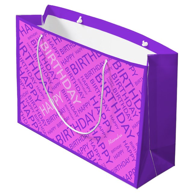 Sacola Para Presentes Grande Típico roxo, rosa, de aniversário, personalizado (Verso inclinado)