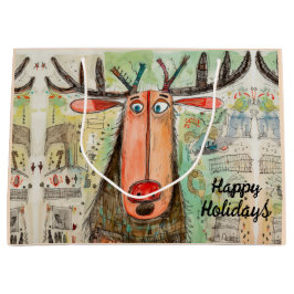 Sacola Para Presentes Grande Tipografia de Natal Cute Moose Modern Quirky