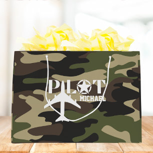 Sacola Para Presentes Grande Tipografia de piloto com camuflagem fofa, personal
