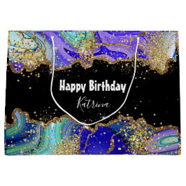 Sacola Para Presentes Grande Trendy Blue Dourado Agate Marbled