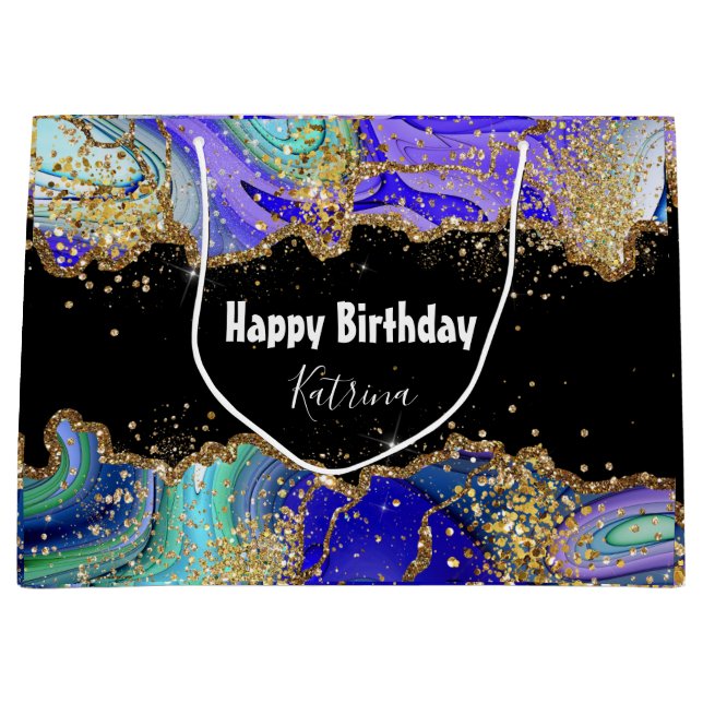 Sacola Para Presentes Grande Trendy Blue Dourado Agate Marbled (Frente)