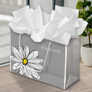 Sacola Para Presentes Grande Trendy Floral Daisy com nome personalizado amarelo