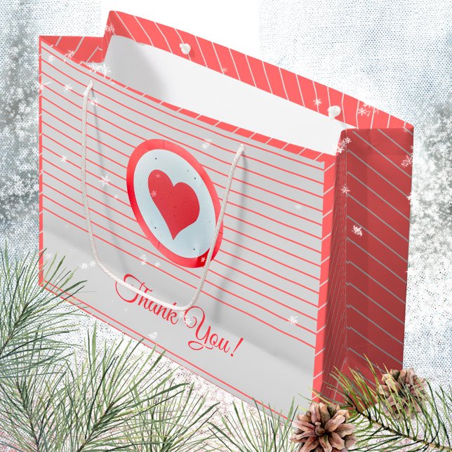 Sacola Para Presentes Grande Trendy Modern Big Red Heart Strike Obrigado (Trendy Modern Big Red Heart Striped Thank You Large Gift Bag ©Susanne Sachers - Sunny Mind Design 🌞)