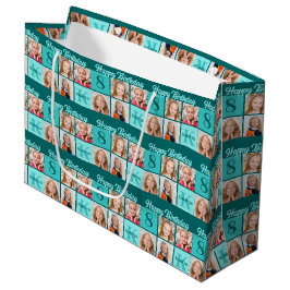 Sacola Para Presentes Grande Trendy Teal Birthday Party Custom Photo Collage