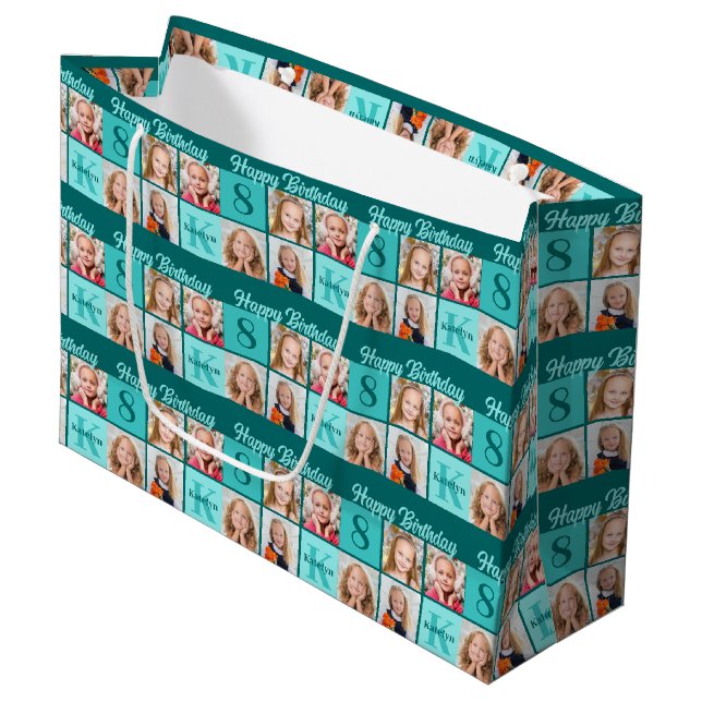 Sacola Para Presentes Grande Trendy Teal Birthday Party Custom Photo Collage (Frente inclinada)